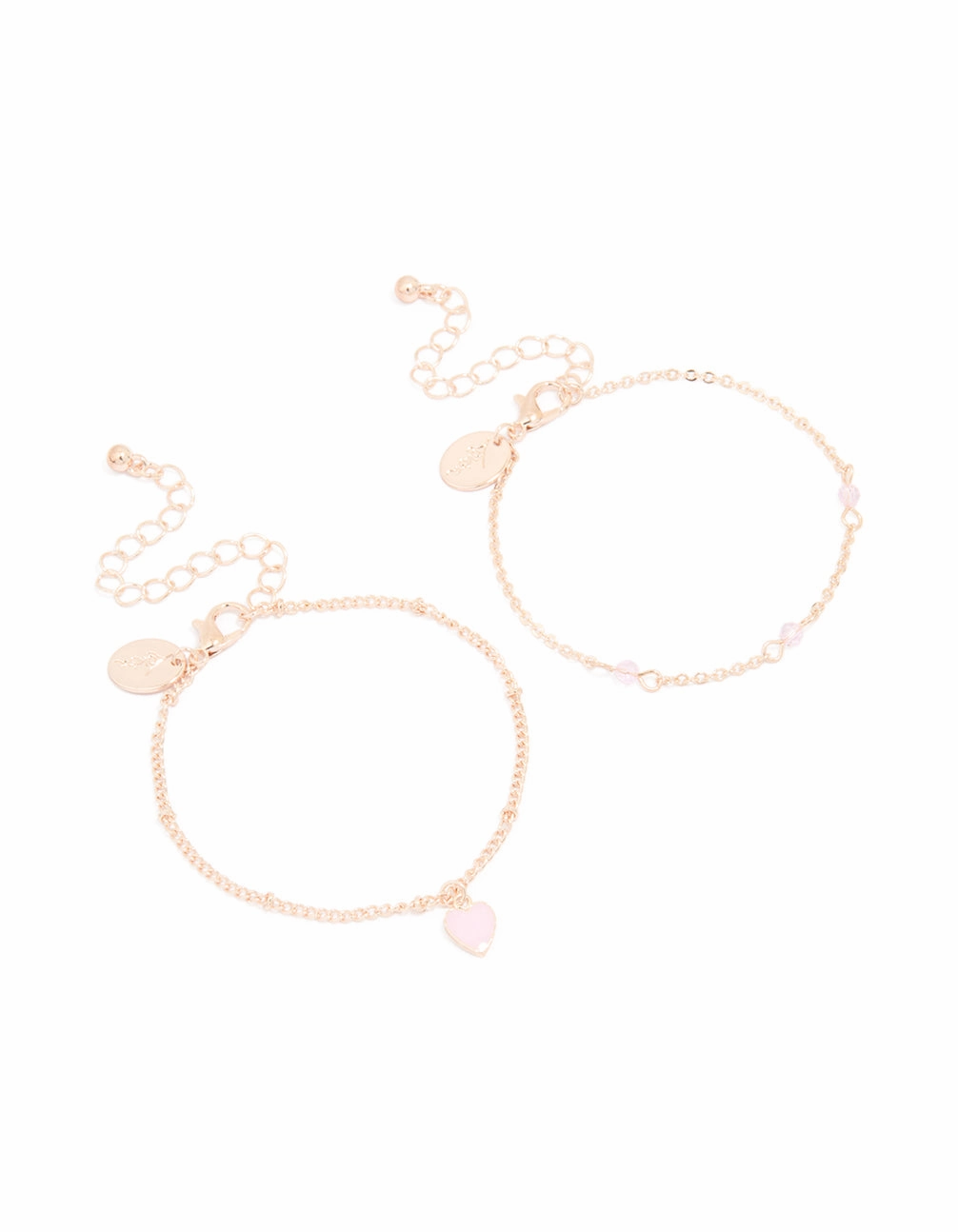 Rose Gold Pink Stone Heart Charm & Chain Bracelets 2-Pack Chic Style Elegant Features