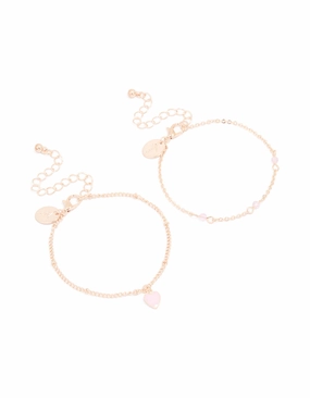 Rose Gold Pink Stone Heart Charm & Chain Bracelets 2-Pack Chic Style Elegant Features
