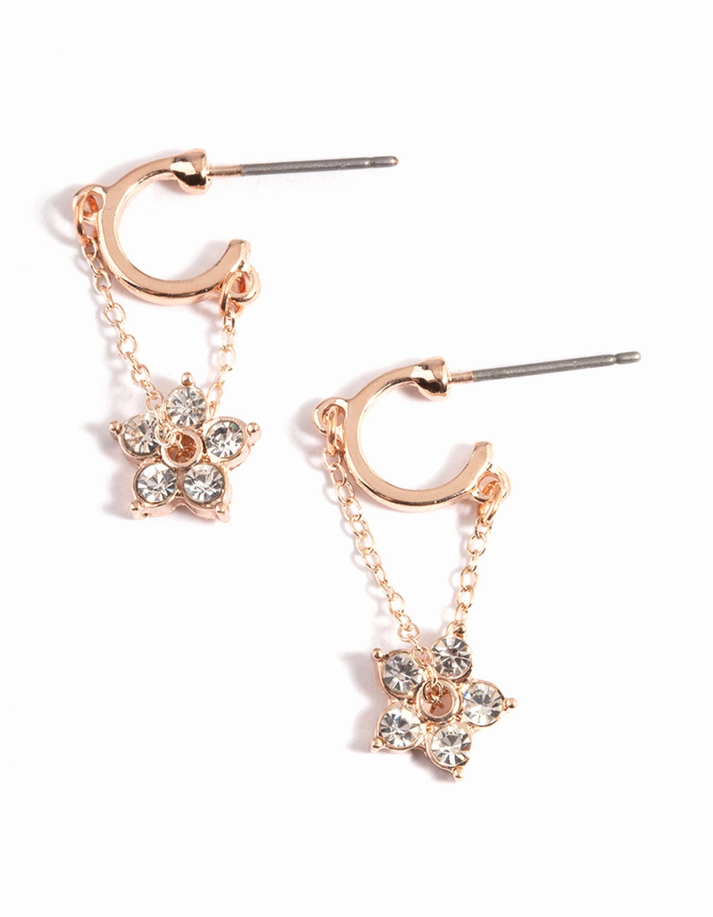 Rose Gold Diamante Flower Chain Huggie Earrings Dressed Up Look Bold Designs