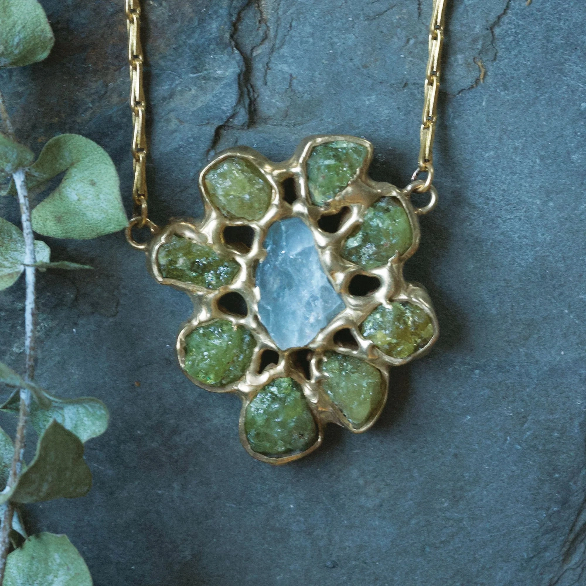 Bridal Ready Sophisticated Pieces Perennial Pendant - Brass, Green Garnet   Aquamarine