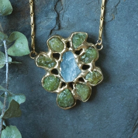 Bridal Ready Sophisticated Pieces Perennial Pendant - Brass, Green Garnet   Aquamarine