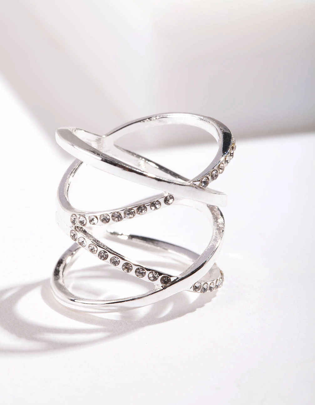 Modern Glow Silver Diamante Double Cross Ring