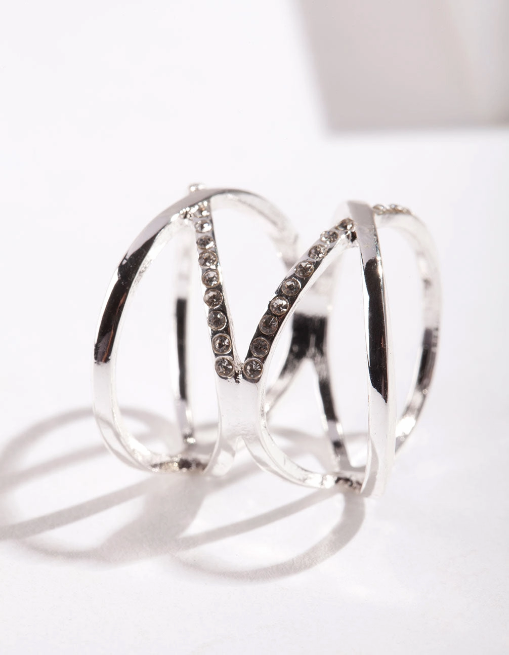 Silhouetted Shine Silver Diamante Double Cross Ring