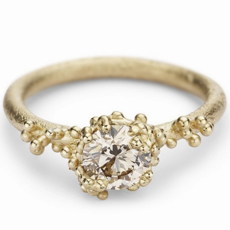 Soft Tone Solitaire Champagne Diamond Ring with Granules - 14k Gold   Champagne Diamonds