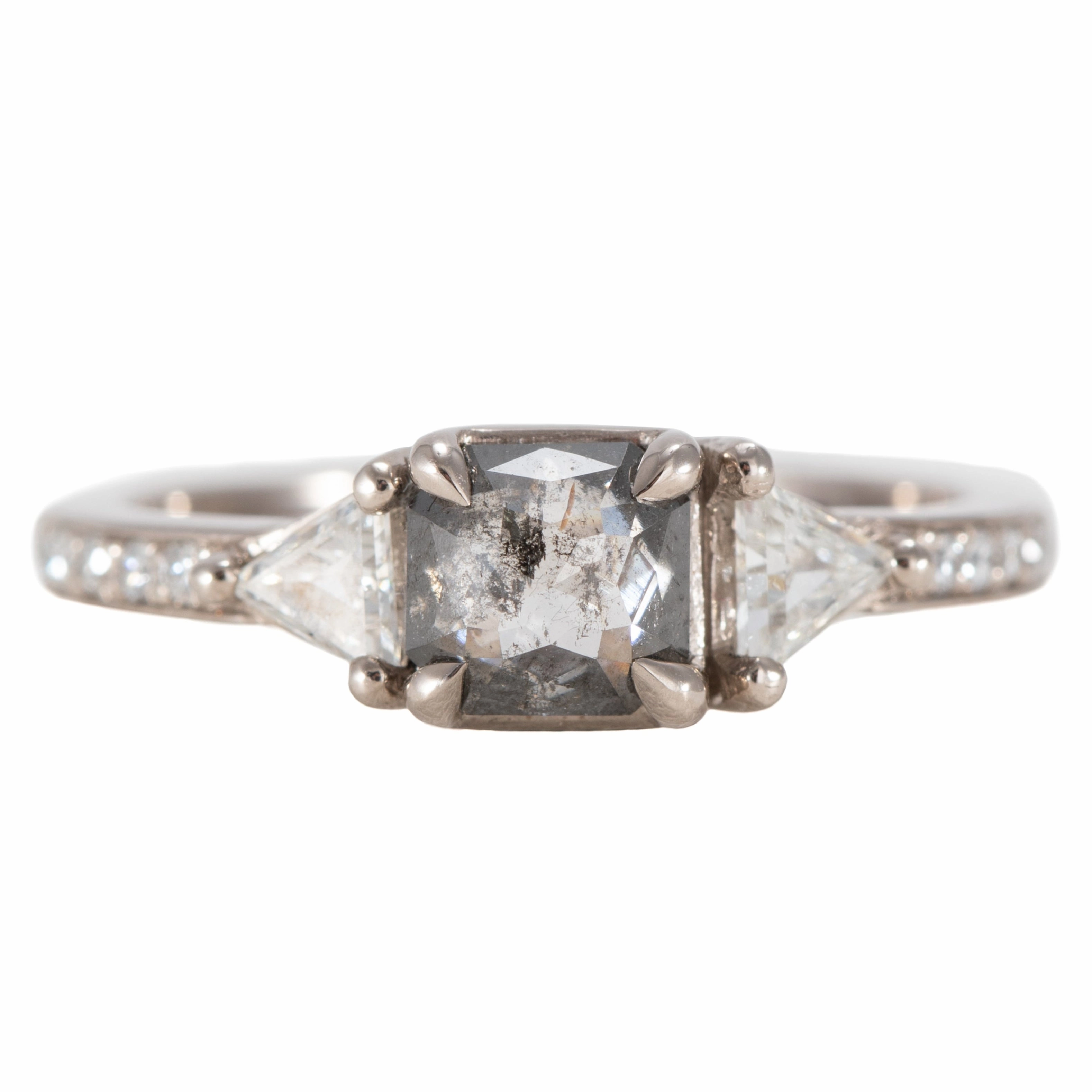 OOAK Grey Cushion Shaped Diamond Ring - 18k Palladium White Gold, Trillion Diamonds   Pave Set Diamonds Seasonal Pick Eye Catching