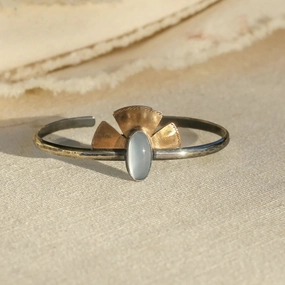 Sophisticated Glam Occasion Style Solis Cuff - Oxidized Brass, Sterling Silver   Blue Moonstone Glass