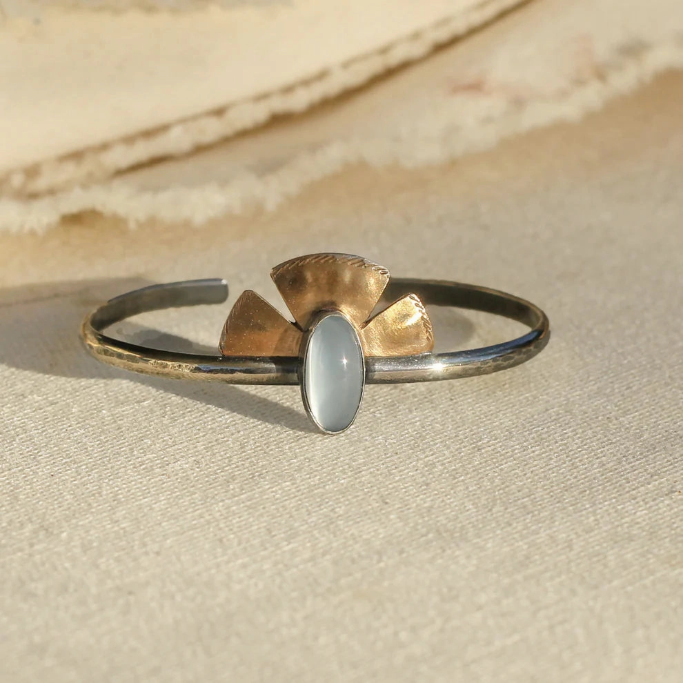 Sophisticated Glam Occasion Style Solis Cuff - Oxidized Brass, Sterling Silver   Blue Moonstone Glass