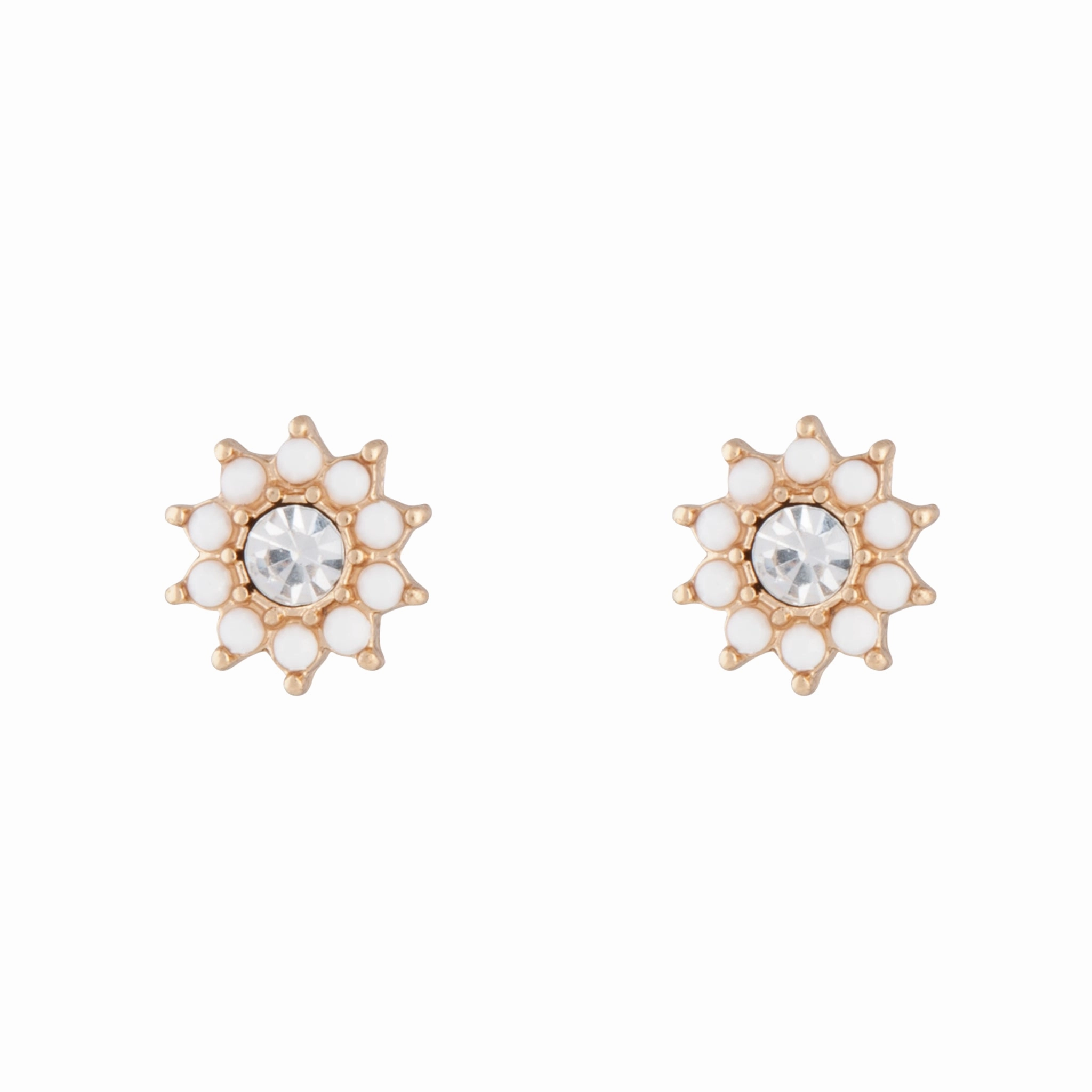 Petite Touch Gold White Flower Diamante Stud Earrings