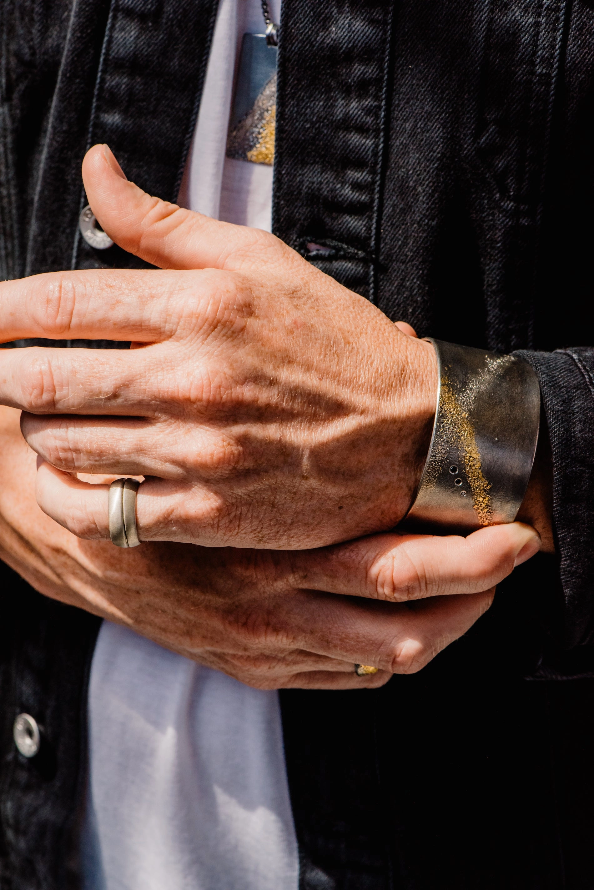 Silver   Gold Slice Cuff - 22k Gold, Oxidized Silver   Black Diamonds City Stroll