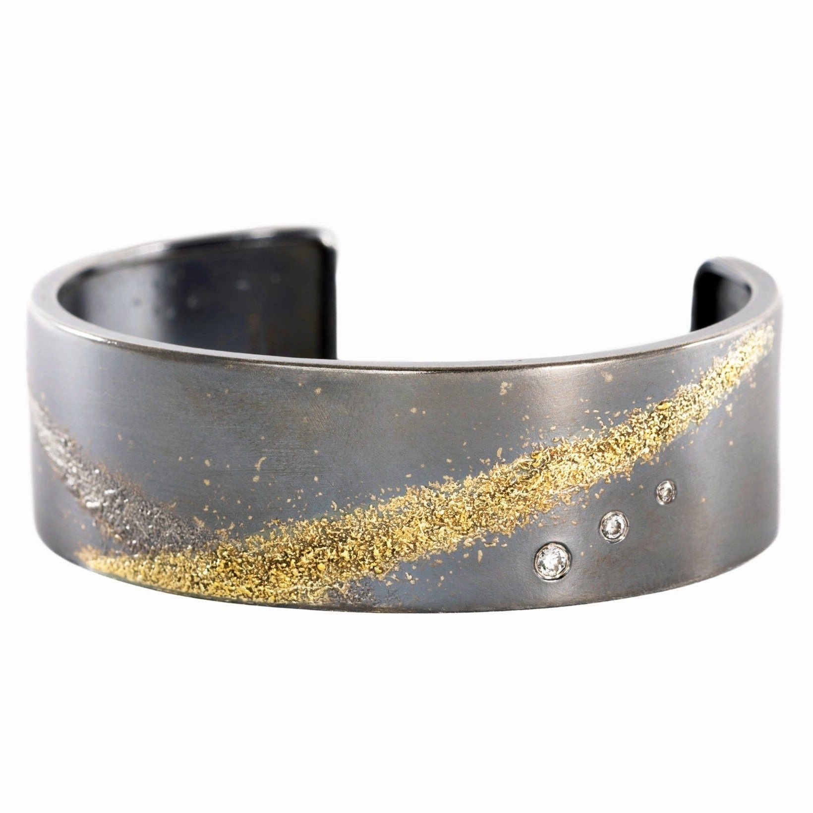Exquisite Detailing Silver   Gold Slice Cuff - Narrow - 22k Gold, Oxidized Silver   Black Diamonds