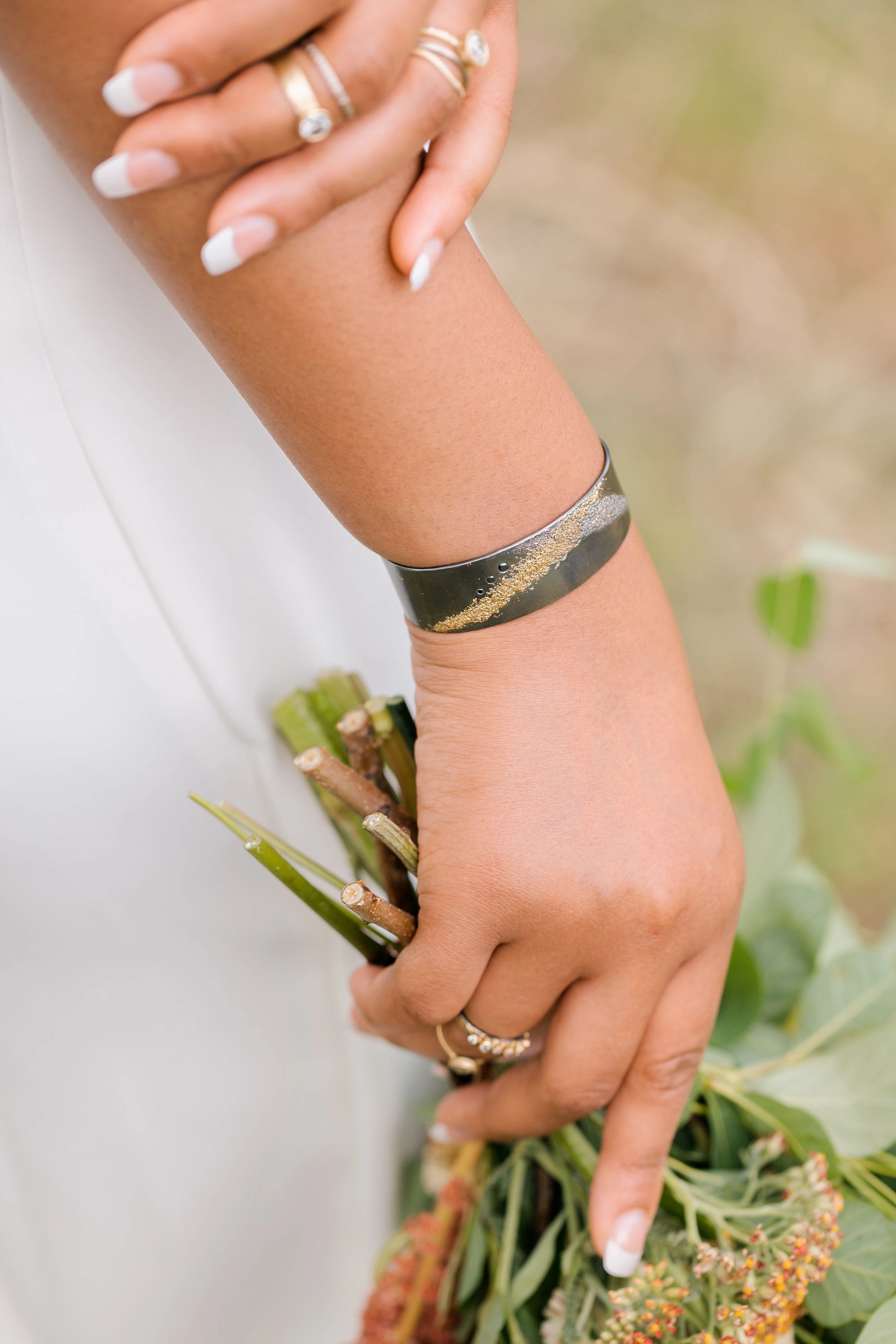 Captivating Style Silver   Gold Slice Cuff - Narrow - 22k Gold, Oxidized Silver   Black Diamonds