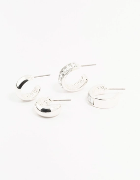 Silver Baguette & Diamante Hoop Earrings 2-Pack Layered Fit