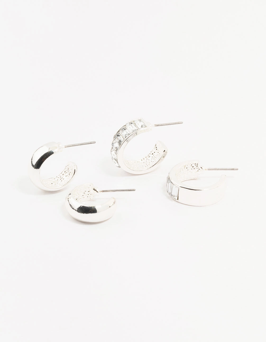 Silver Baguette & Diamante Hoop Earrings 2-Pack Layered Fit