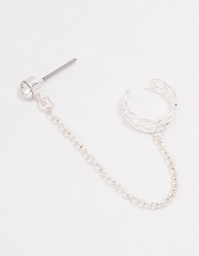 Silver Chain Link Cuff & Diamante Chain Drop Earrings Modern Shape Evening Look