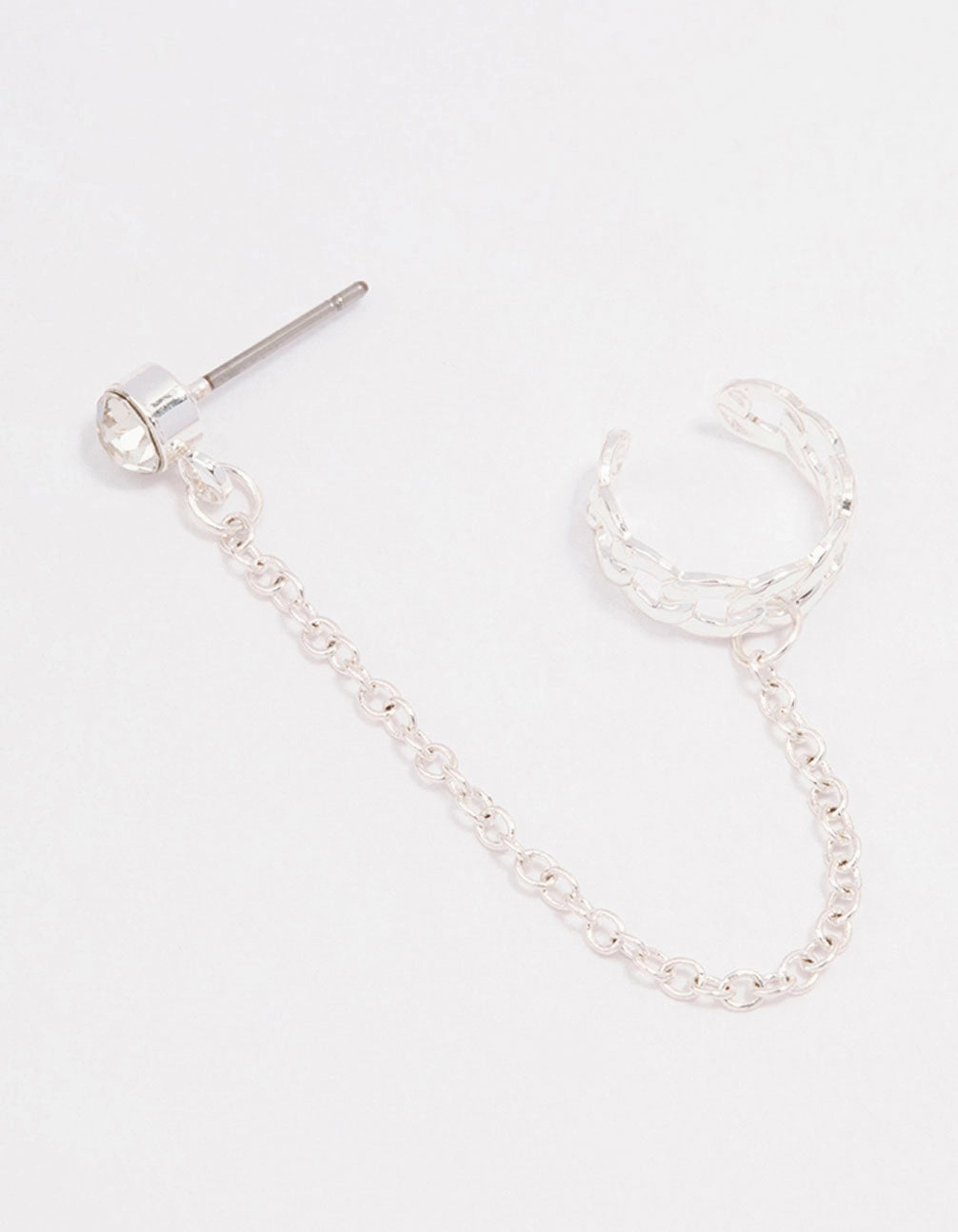 Silver Chain Link Cuff & Diamante Chain Drop Earrings Modern Shape Evening Look