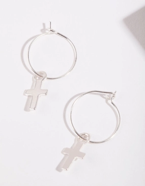 Subtle Look Silver Cross Hoop Earrings