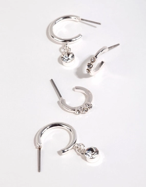 Chic Gem Rich Detailing Silver Diamante Detail Hoop Earring Pack