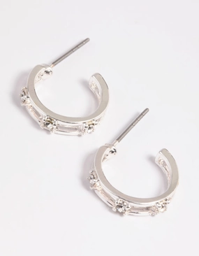 Modern Spark High Class Silver Diamante Huggie Hoop Earrings
