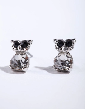 Highlight Accent Silver Diamante Owl Stud Earrings