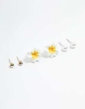 Silver Diamante Pearl & Frangipani Earrings 3-Pack Creative Glance Pure Detail
