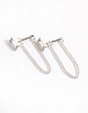 Silver Emerald Chain Front & Back Earrings Neutral Mood