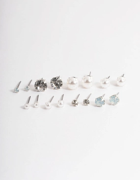 Silver Pearl & Diamante Stud Earrings 8-Pack Daily Outfit