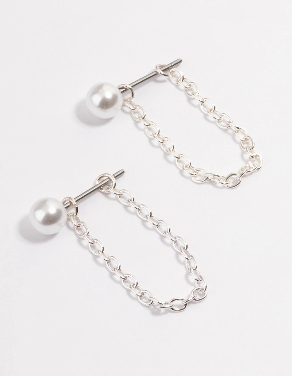 Silver Pearl Chain Front & Back Earrings Bridal Look Shimmer Effect