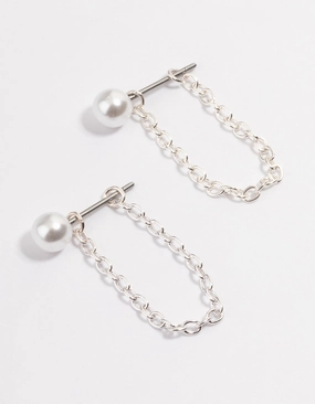 Silver Pearl Chain Front & Back Earrings Bridal Look Shimmer Effect