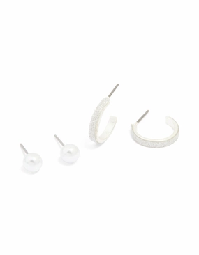 Chic Choice Shimmering Craft Silver Pearl Studs & Glitter Hoop Earrings 2-Pack