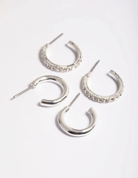 Trendy Appeal Silver Plain & Diamante Huggie Earrings Pack