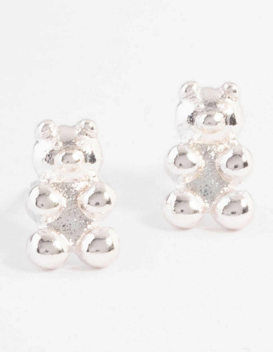 Silver Teddy Bear Stud Earrings Instant Match Evening Accent
