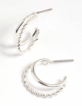 Silver Twisted Huggie Hoop Earrings Classic Spark Ornate Edge