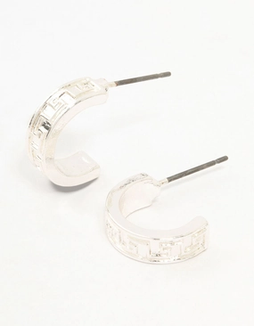 Silver Wide Greek Key Huggie Earrings Holiday Present Texture Play