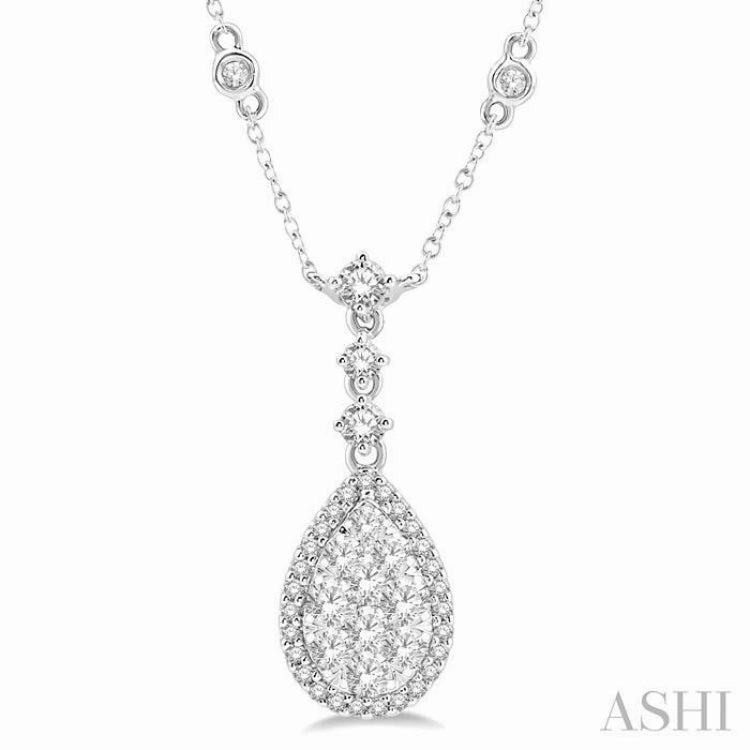 Daily Charm Simple Item 1 Ctw Pear Shape Round Cut Diamond Lovebright Necklace in 14K White Gold