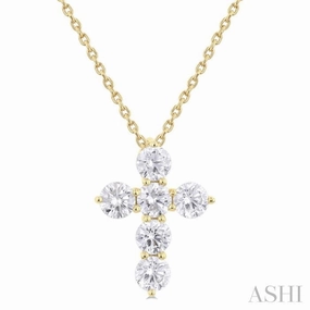 Festival Season Value Item 1 Ctw Round Cut Diamond Christian Cross 6-Stone Fashion Pendant With Chain in 14K Yellow Gold