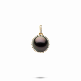 Fine Present Special Accent Halo Tahitian Black Pearl Pendant in Gold with Diamond - 10-11mm