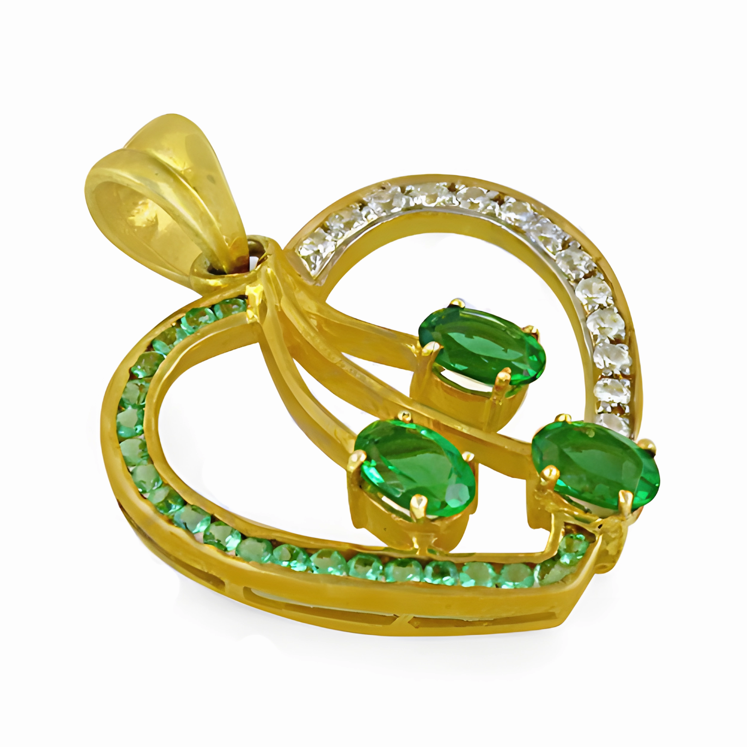 Stylish Heart Shape CZ Green Glass Gold Plated Silver Pendant - Elegant Jewelry Period Accessory