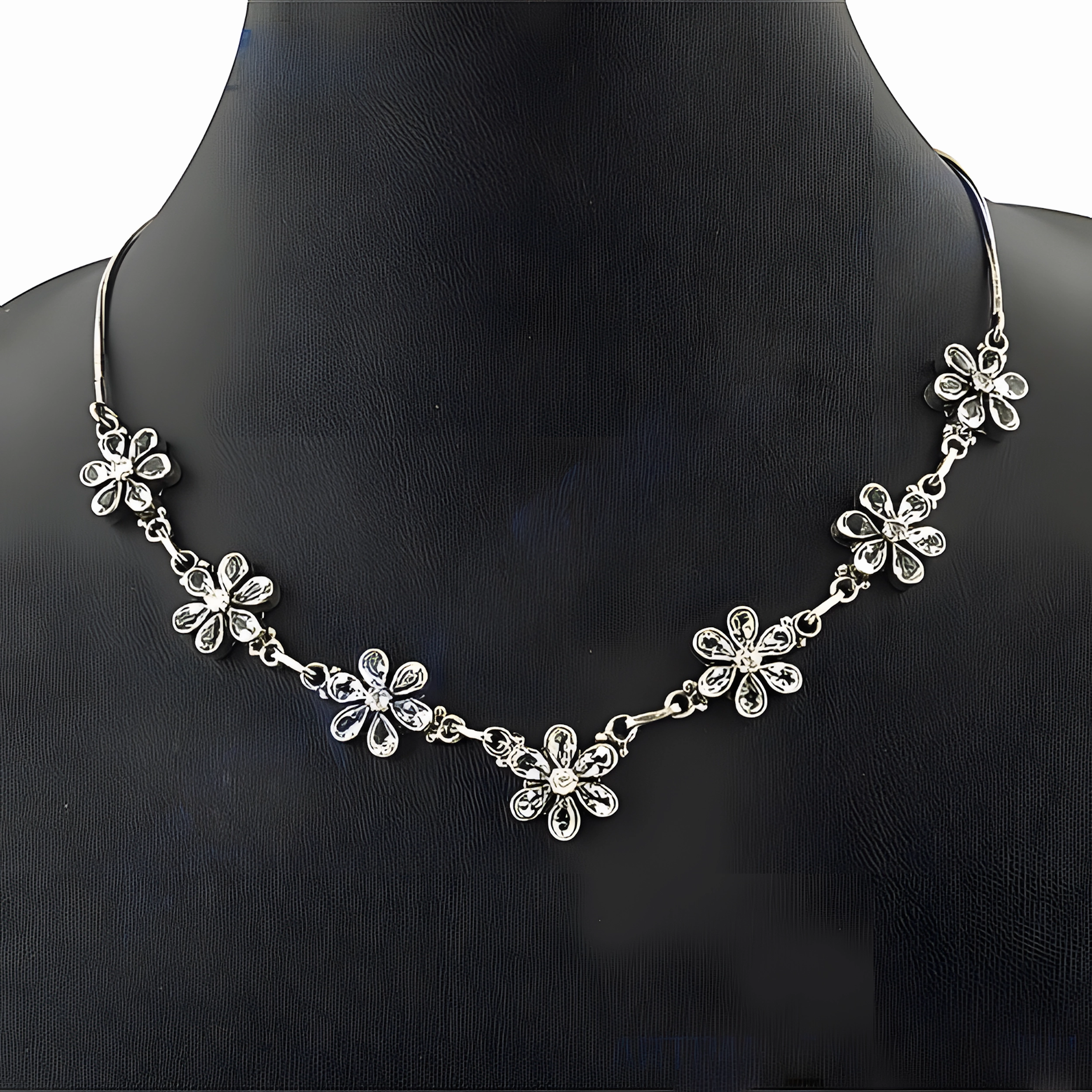 Indian Touch Cubic Zirconia Gemstone Silver Necklace - Floral CZ Necklace | Superior Quality Artistic Style Handmade Item