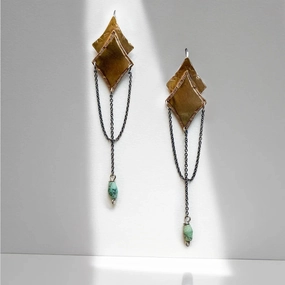 Morning Star Earrings - Oxidized Brass, Sterling Silver   Turquoise Sharp Silhouette Gift Appeal