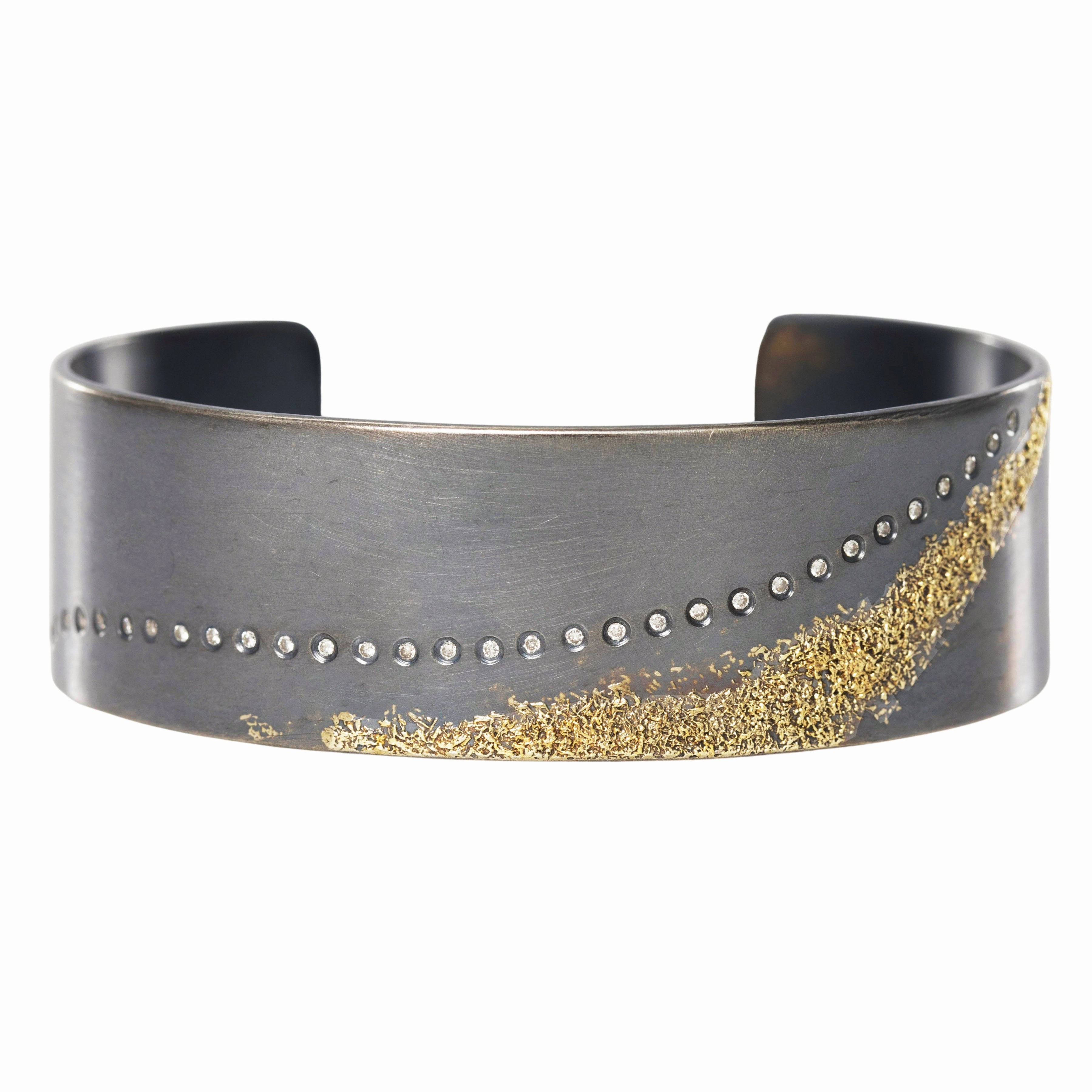 Trendy Texture Highlight Feature Slice Diamond Cuff 3.0 (no back rails) - 22k Gold, Oxidized Silver   Reclaimed Diamonds