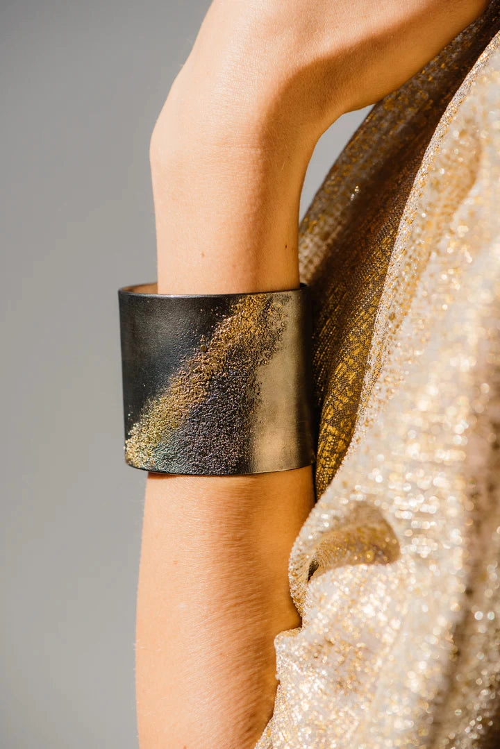 Luxury Style Opulent Look Slice Statement Cuff - 22k Gold   Oxidized Silver