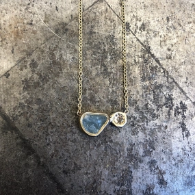 Chic Shine Moon & Stars Pendant - 14k Gold, Aquamarine   White Sapphire