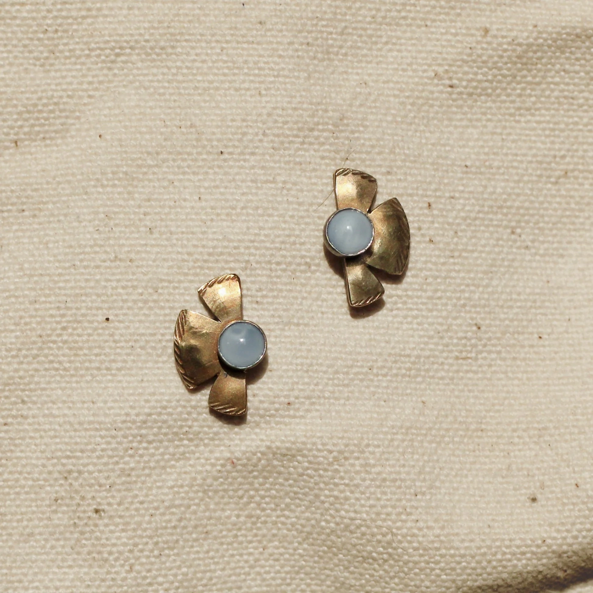 Fine Detailing Solis Studs - Oxidized Brass, Sterling Silver   Blue Moonstone Glass