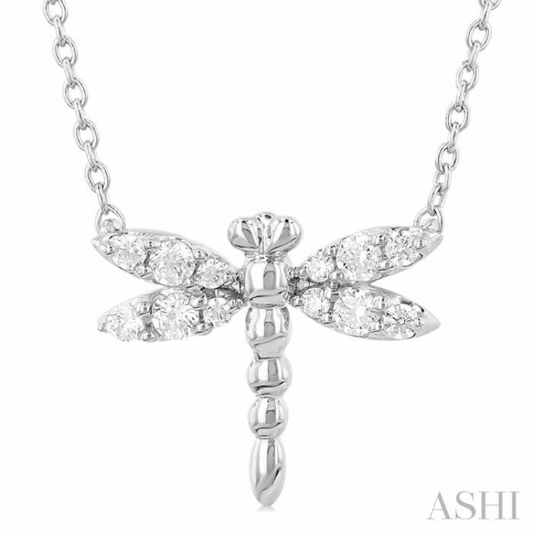 Creative Spirit 1/6 Ctw Petite Dragonfly Round Cut Diamond Fashion Pendant With Chain in 10K White Gold