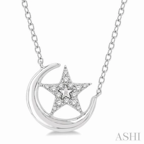 Happy Day 1/10 Ctw Crescent Moon and Star Round Cut Petite Diamond Fashion Pendant With Chain in 10K White Gold