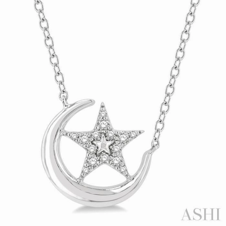 Happy Day 1/10 Ctw Crescent Moon and Star Round Cut Petite Diamond Fashion Pendant With Chain in 10K White Gold