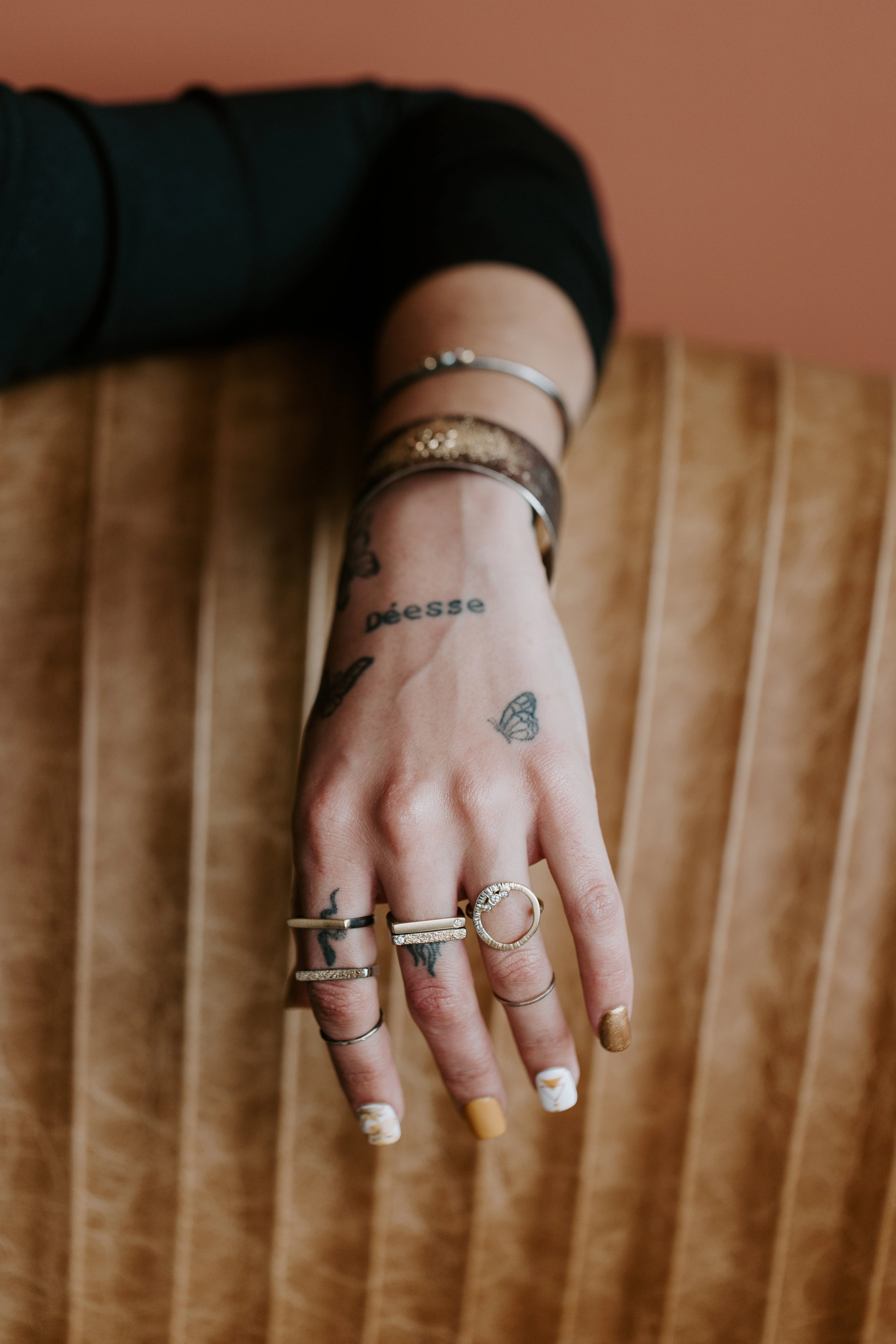 Turning Aspen Ring- 18ky Gold, 14kpw Gold, Oxidized Silver   Reclaimed Diamonds Flat Shot Polished Glam