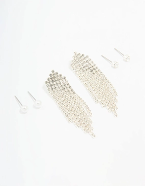 Classic Choice Silver Pearl Stud & Diamante Cupchain Earrings 3-Pack