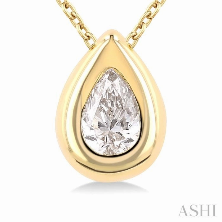 Self Reward Fashion Focus 1/3 Ctw Bezel Set Pear Cut Diamond Bubble Fashion Pendant With Chain in 14K Yellow Gold
