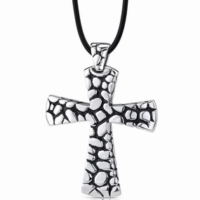 Stainless Steel Cobblestone Style Cross with Black Enamel Pendant on a Rubber Cord Fashion Event New collection